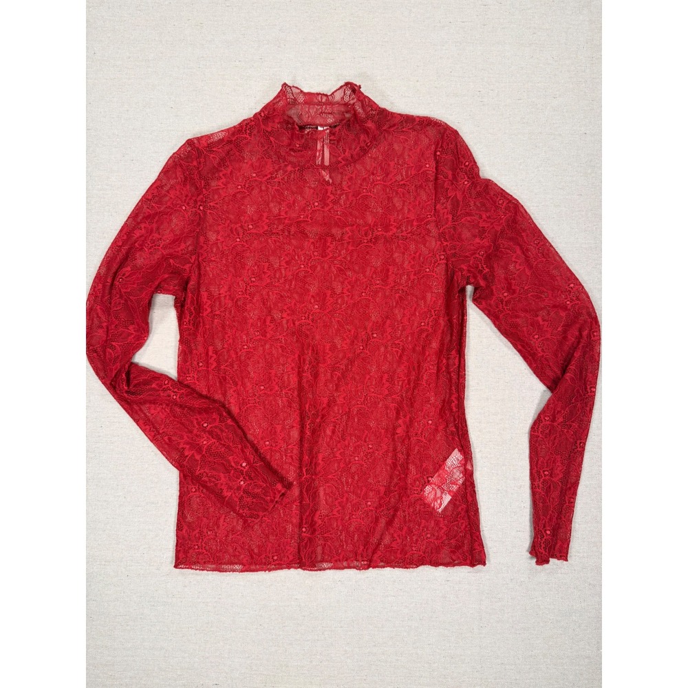 Anthropologie Red Floral Lace Mock Neck Long Sleeve Top Sheer Blouse OB1565992 L